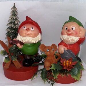 Vintage 1950’s 60’s Festive Gnome Figurines with Red and Green Outfits 5”